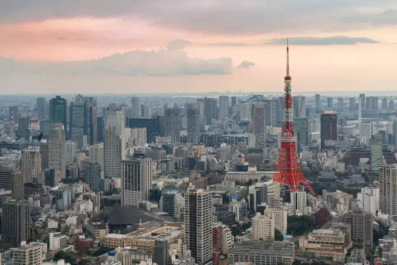 Aerial view of Tokyo skyline in the 1990s with Tokyo Tower visible, Japan