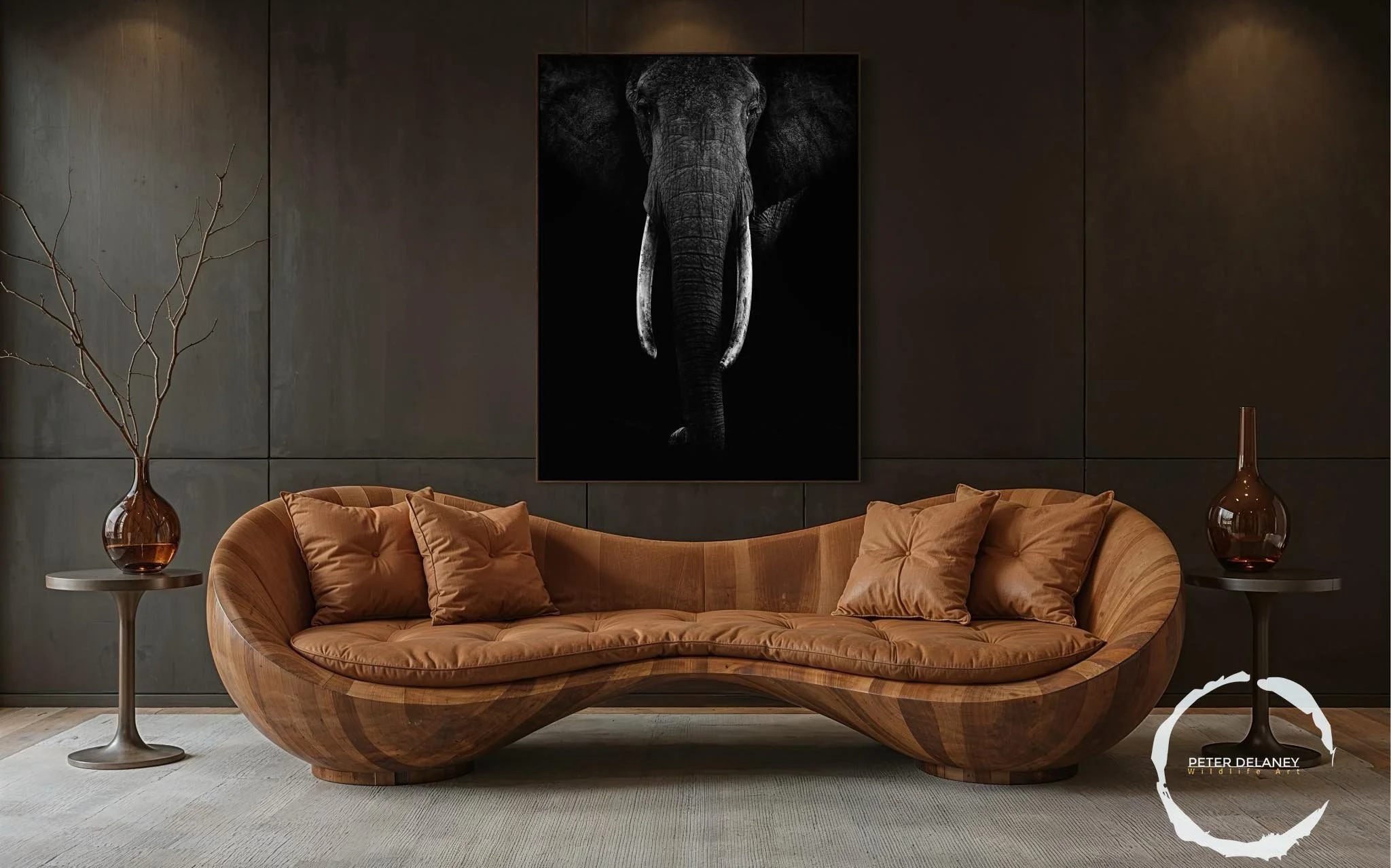 The Matriarch elephant black and white acrylic print in luxury open plan interior — fine art African wildlife photography by Peter Delaney