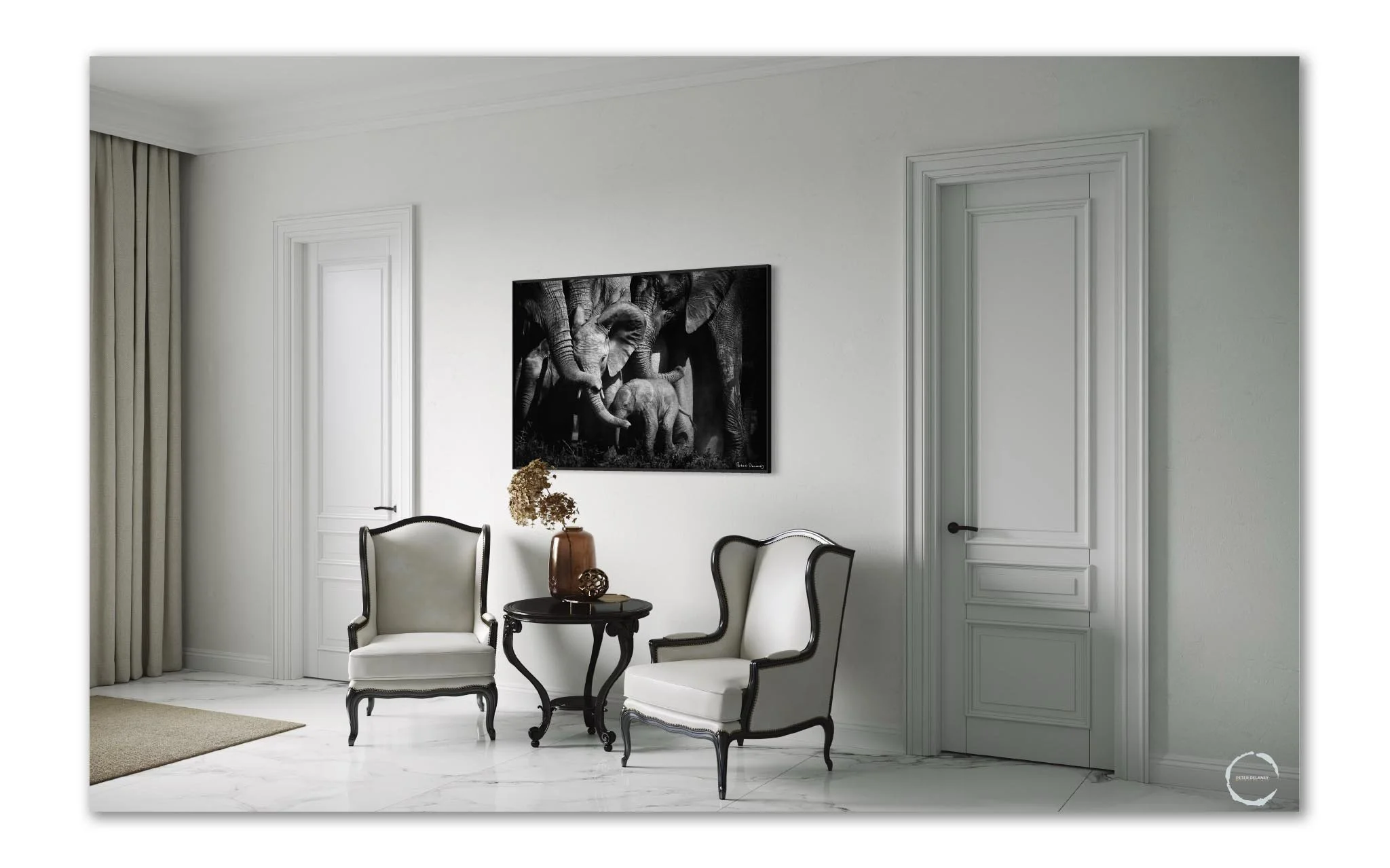 Black and white elephant family artwork “Bonds of Love” printed on acrylic glass, displayed in a luxury white hallway with armchairs, highlighting depth, tonal contrast, and gallery-quality presentation.