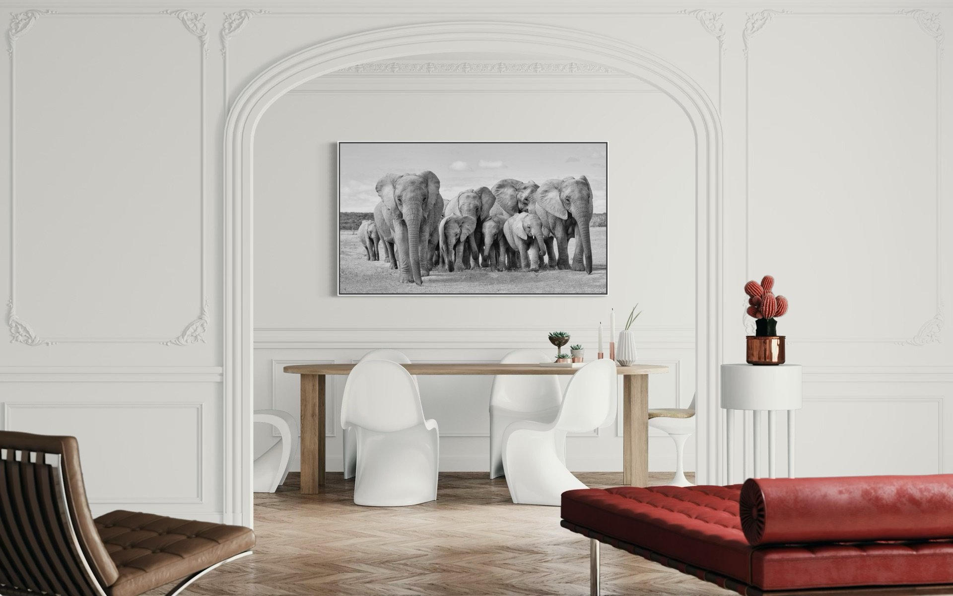 Ubuntu elephant family black and white acrylic print in ultra-luxurious open plan dining and living room — fine art African wildlife photography by Peter Delaney