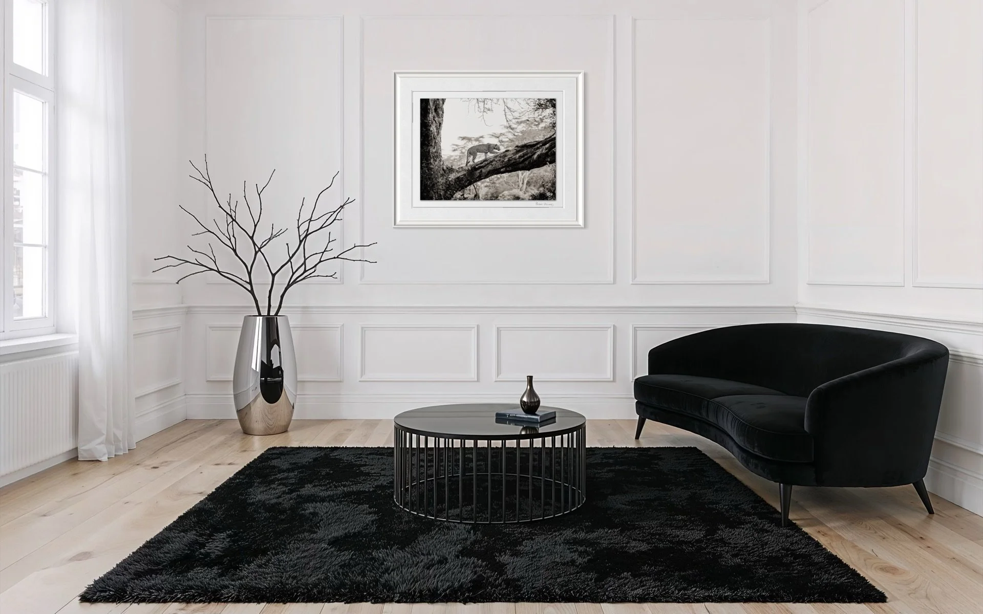 Fever Tree Leopard black and white fine art print framed with mount board in minimalist UK Victorian living room — Sony World Photography Awards shortlist by Peter Delaney