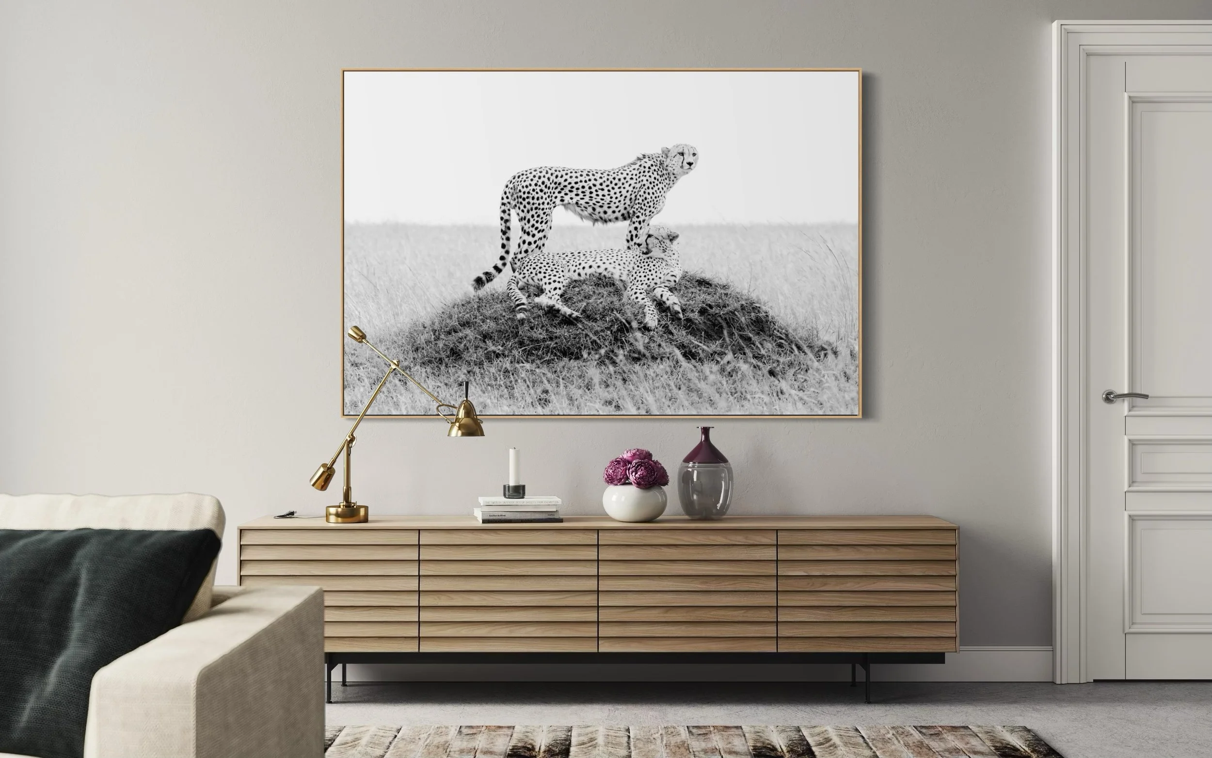 beautiful cheetah framed print hanging in a contemporary living space