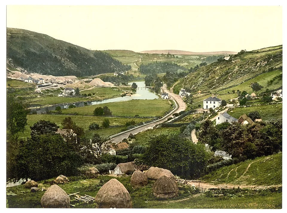 Aerial view of the Vale of Avoca, County Wicklow, Ireland, showing the wooded valley and the meeting of the Avoca rivers