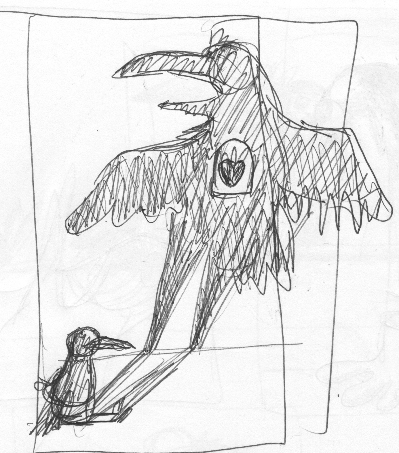 Crow has a warm heart full of light. It throws a flickery light like a burning stove.