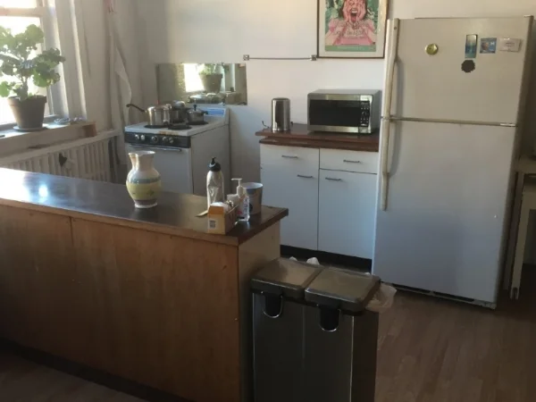 The new studio's kitchen area