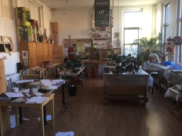 The studio's back area with animator's drawing table and set-building workshop
