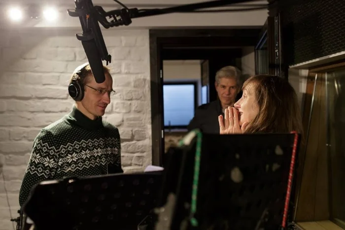 Signe and Sturgis in the studio with voice actor Kaspars Znotins