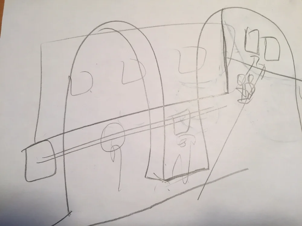 The whole set started with this sketch that Signe gave to Sturgis. From simple beginnings come very complex ideas! Sturgis used 3 kinds of saws to cut the shapes from wood found in a carpenter's trash bin.