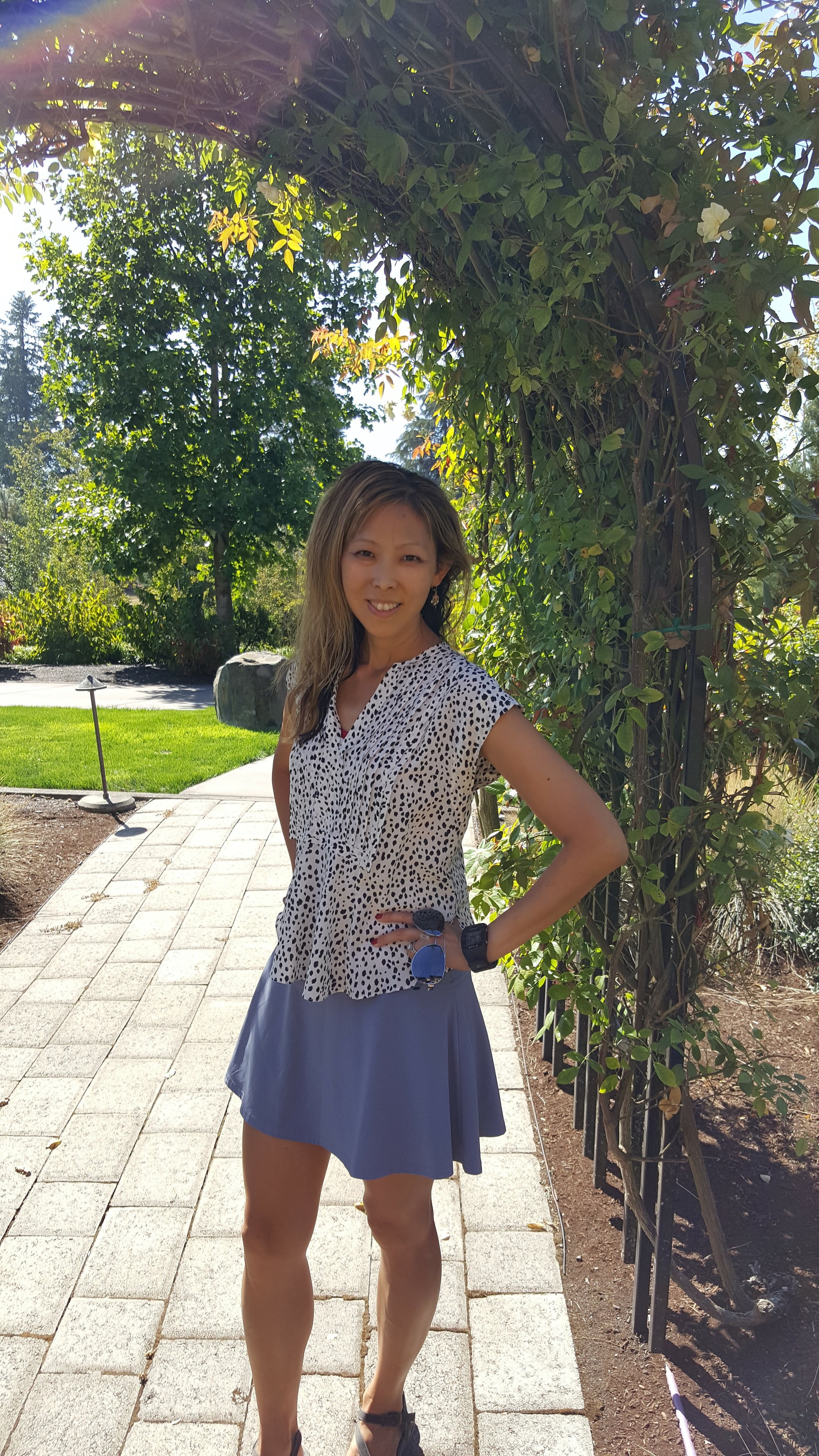 Walking the Garden Grounds Rebecca Taylor silk sheer woven top Athleta Everyday skort