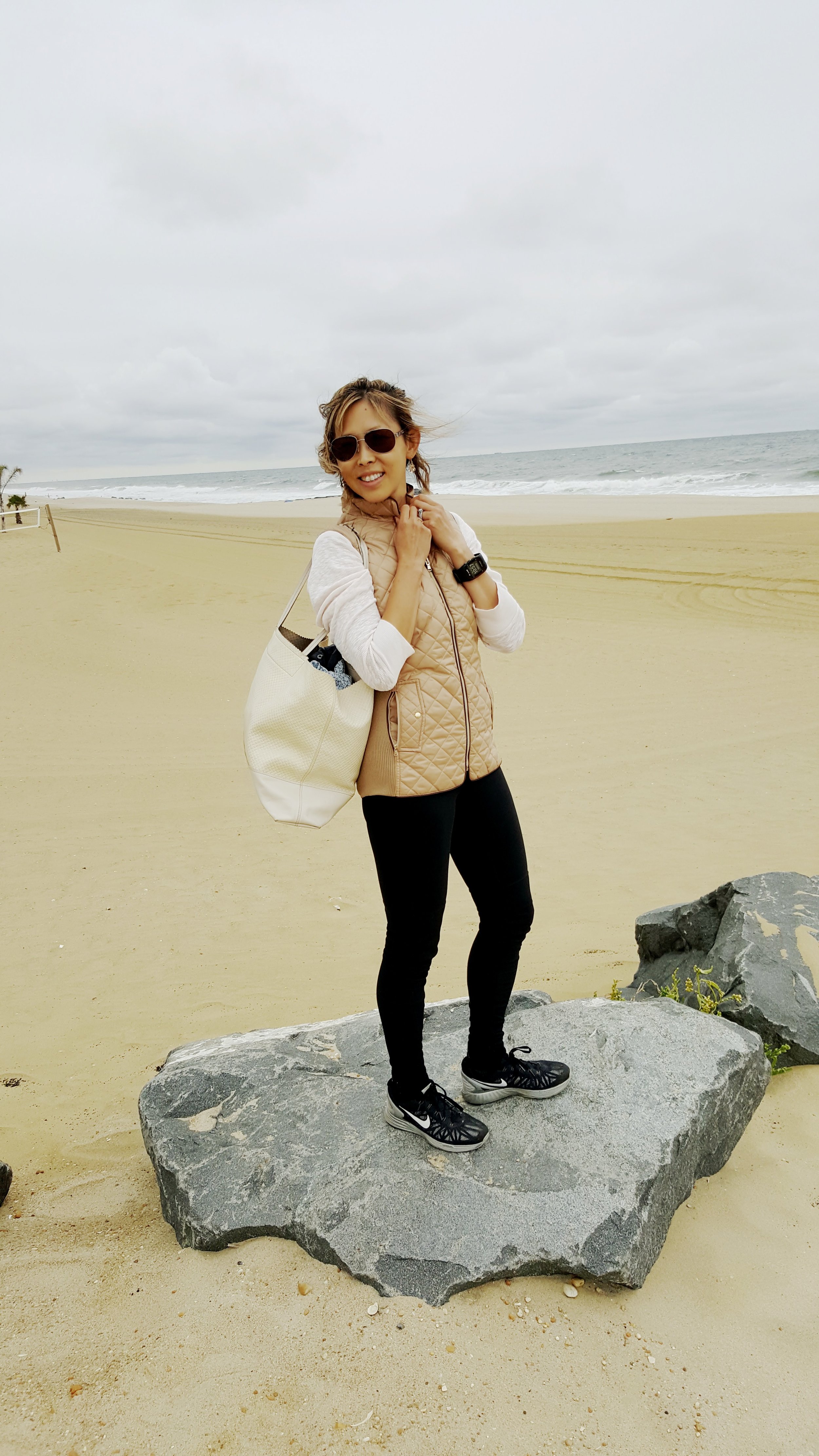 I love the color and fit of this vest purchased from Monmouth Beach Yoga & Wellness, Alo leggings, Nike LunarGlides (which are the ONLY sneakers I run in for the past 7 years)