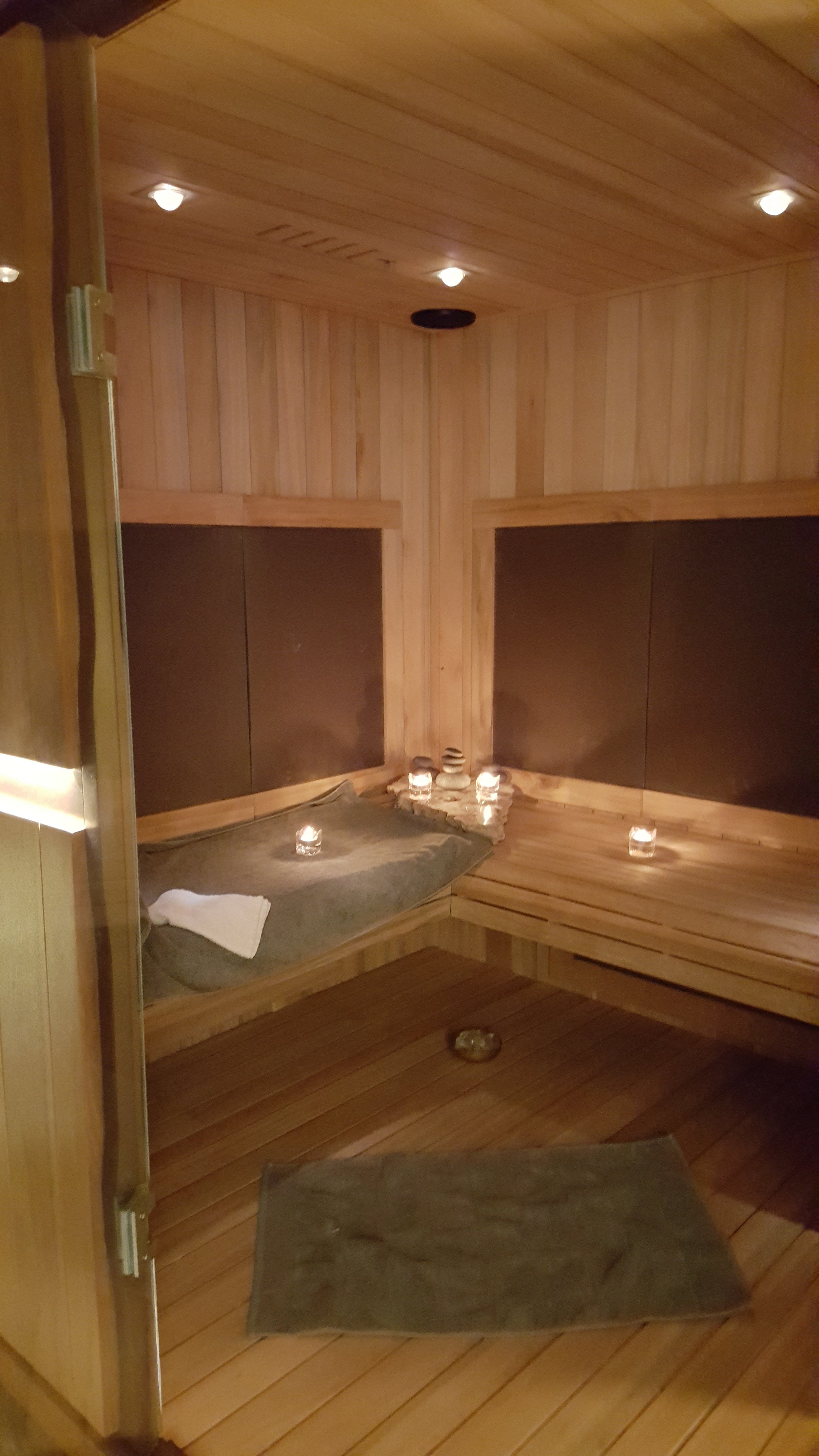 The Beautiful Sweat Lounge aka Infrared Sauna, which s made entirely of Eucalyptus wood.i