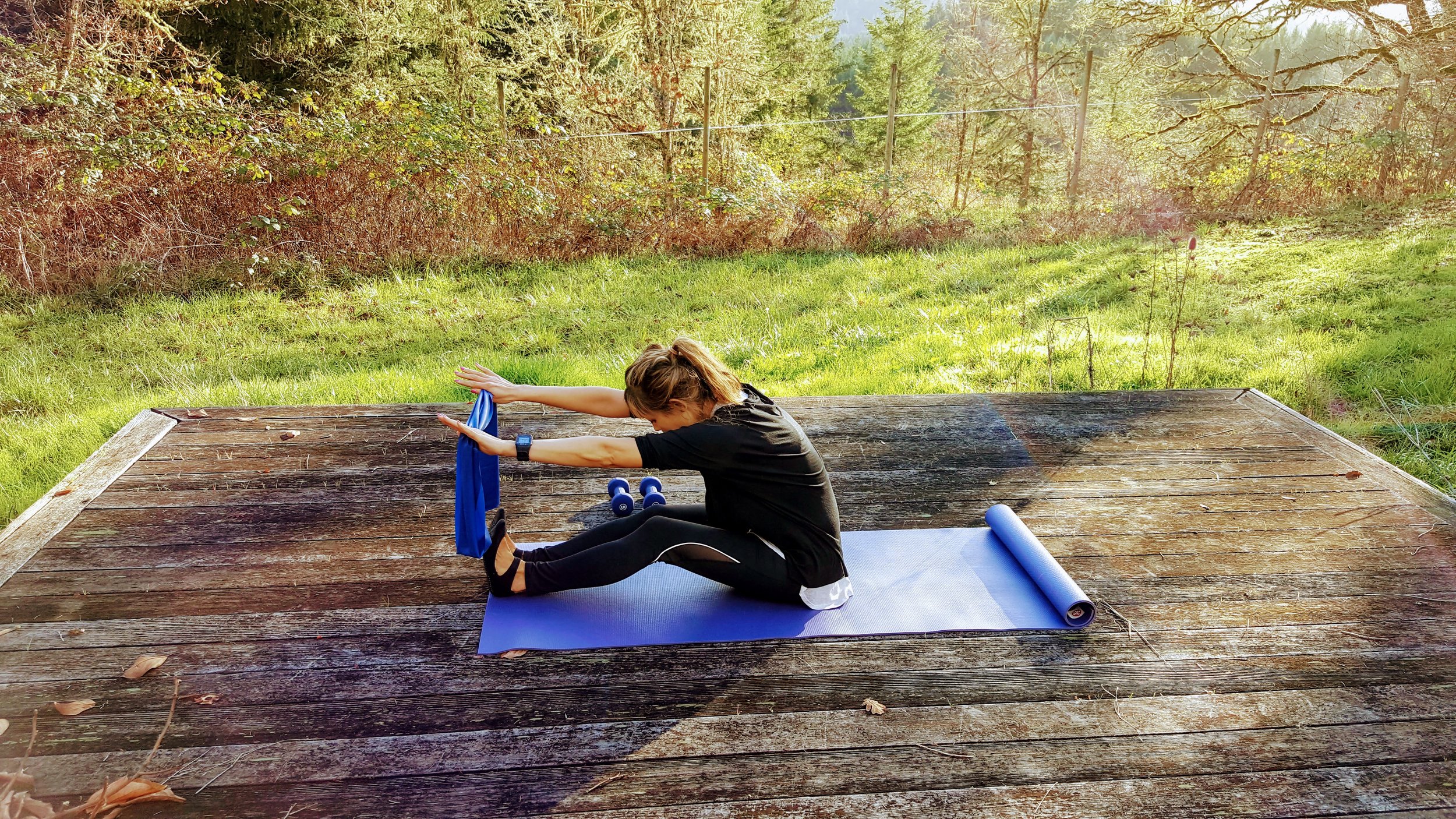 7. Start in your supine position, arms and legs long. Using a theraband or a towel (or even leggings!), wrap your hands and pull the band/towel apart. As you do so, engage your abdominals by exhaling out of your mouth. In hale to prepare and as you exhale, roll all the way up to your spine stretch forward. Make sure to continue pulling the band apart throughout the entire exercise. Do 8-10