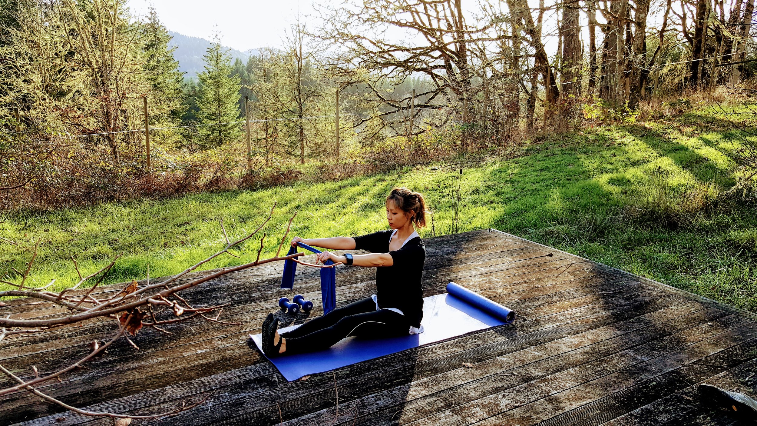 8.Find your tall sits bones, flex through your feet. Pulling the theraband apart, begin to twist to the right, then to the left. Do 8-10 on each side.