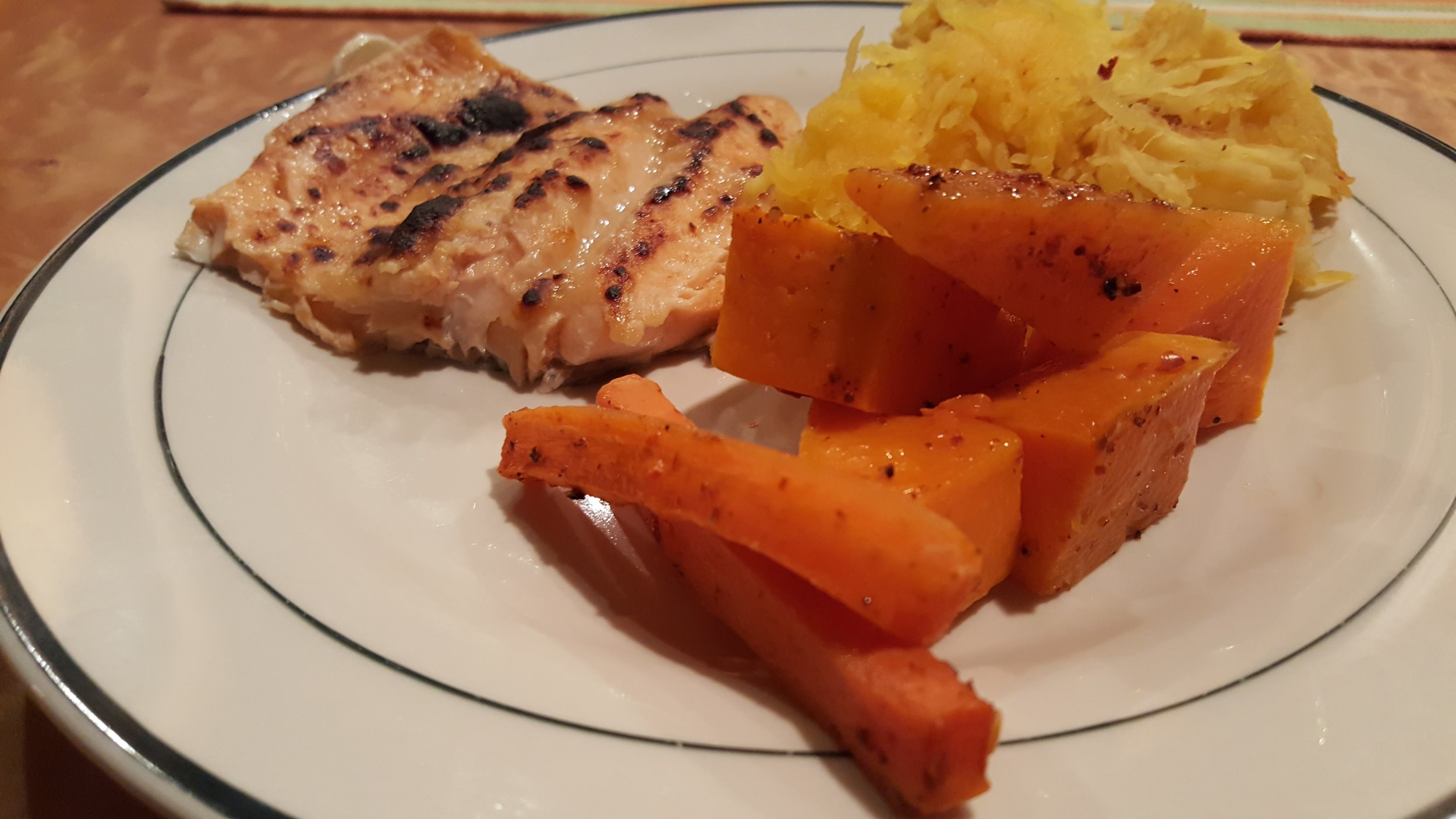 Trout, spaghetti squash and roasted carrots