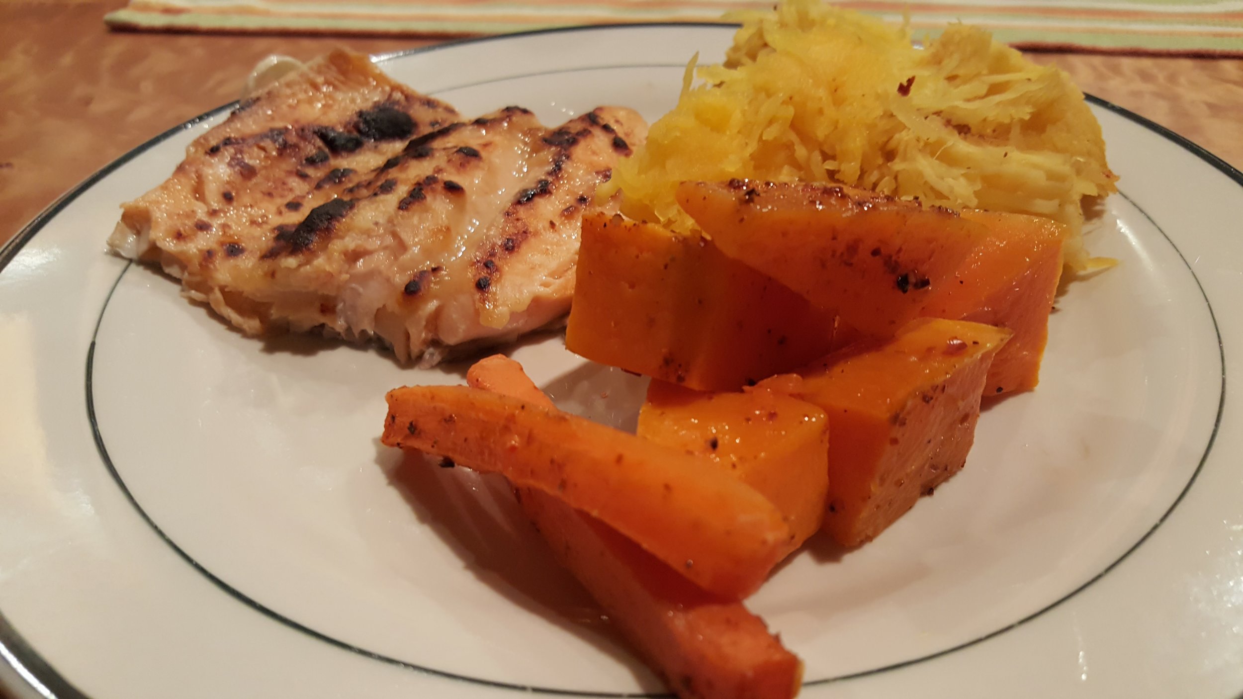 miso glazed trout, roasted carrots and spaghetti squash