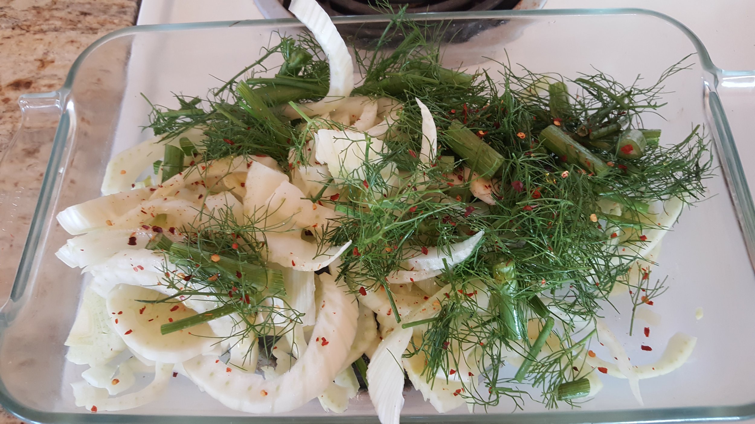 Roasted fennel with chili flakes. It takes about 45 minutes in the oven @ 400 degrees. You can even modify this with other seasoning if you wish.