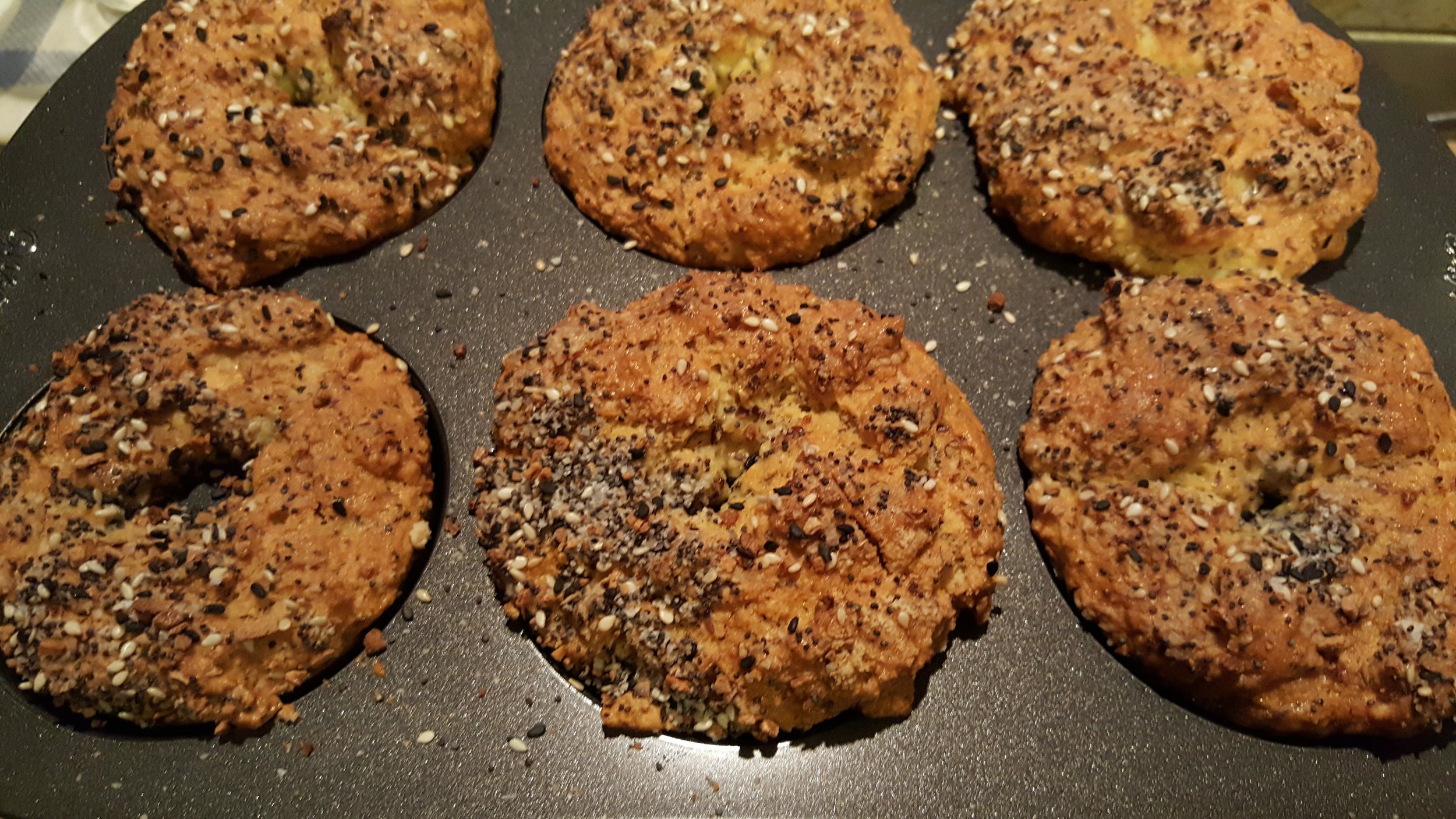 These ketogenic bagels with Trader Joe everything bagel seasoning is delicious! I smear almond butter or avocados on them!