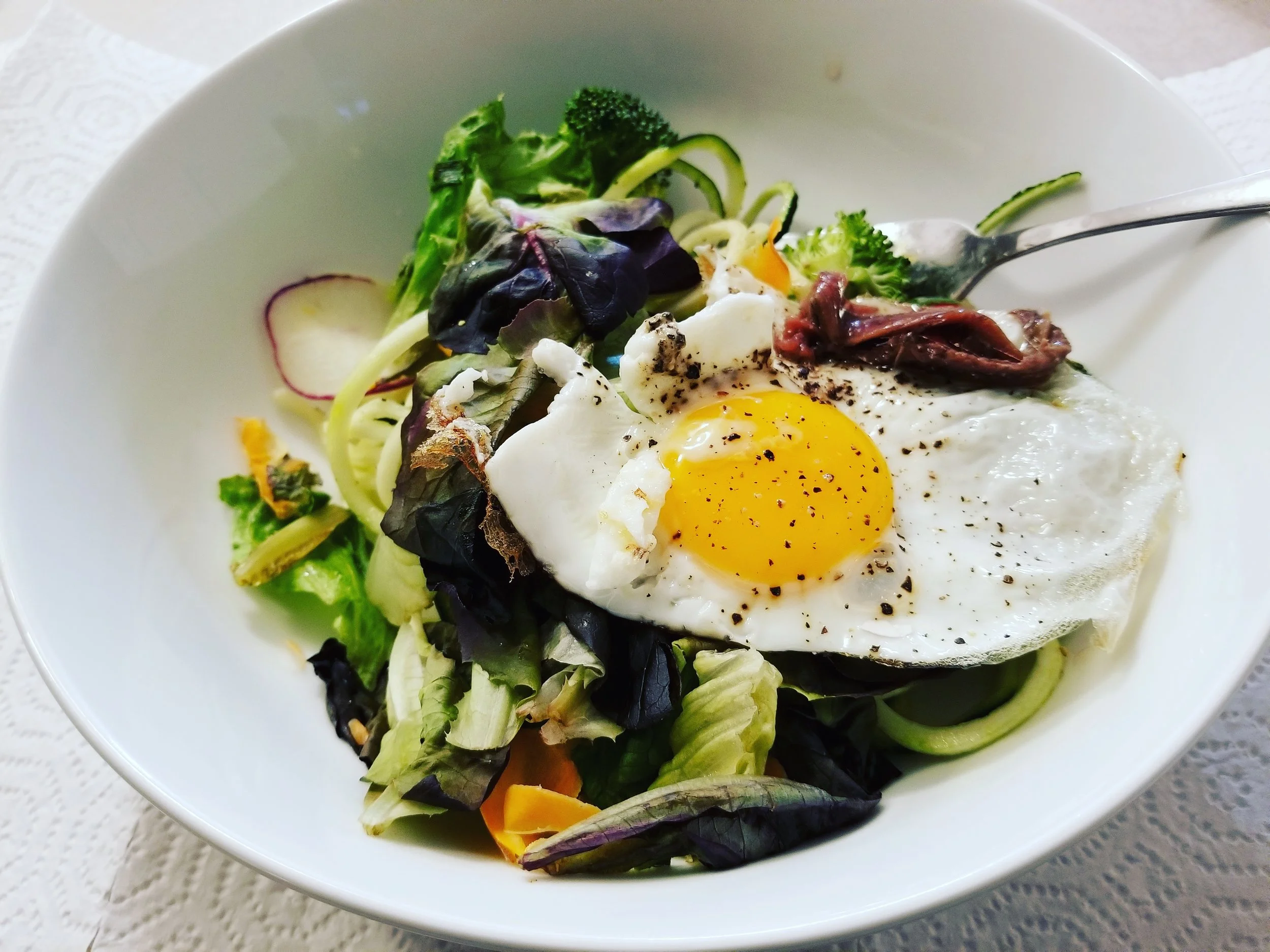 Eggs are filling and a great source of protein. I opt for cage free, vegetarian fed eggs, which I usually get at the Corvallis farmers market