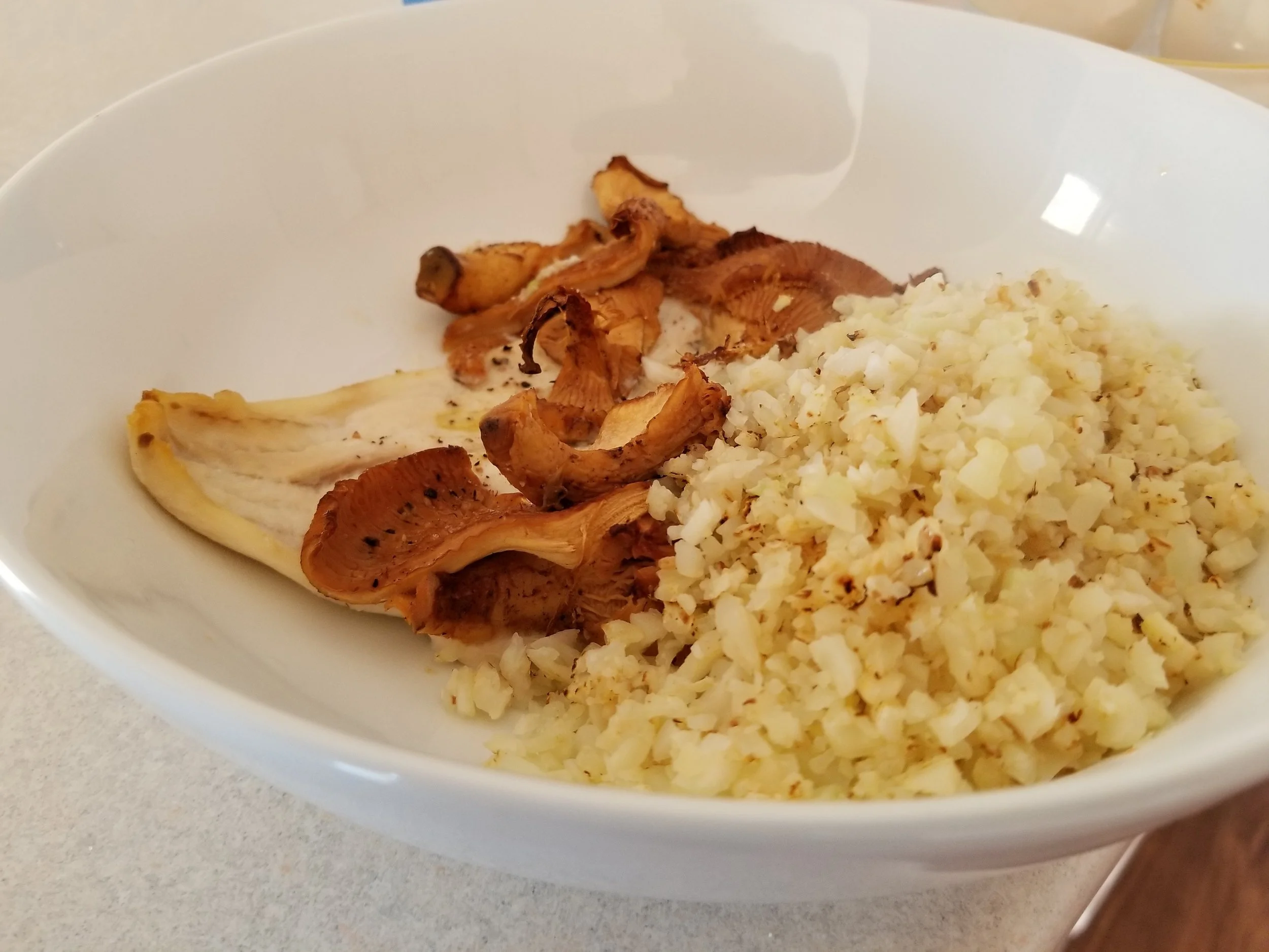 Sole and mushrooms with sauteed cauliflower fried rice - yum!