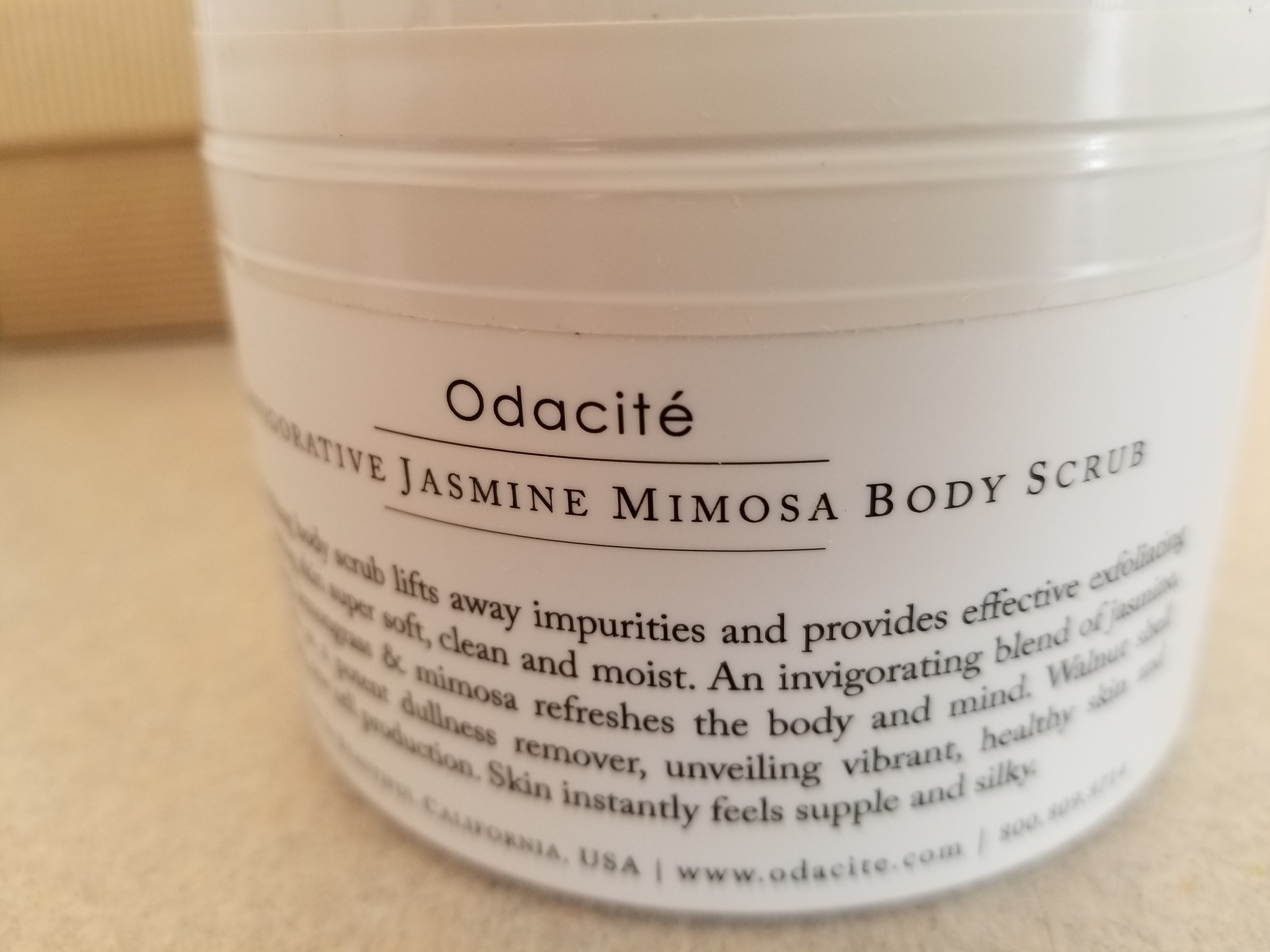 Odacite's Jasmine Mimosa Body scrub is moisturizing for the skin.