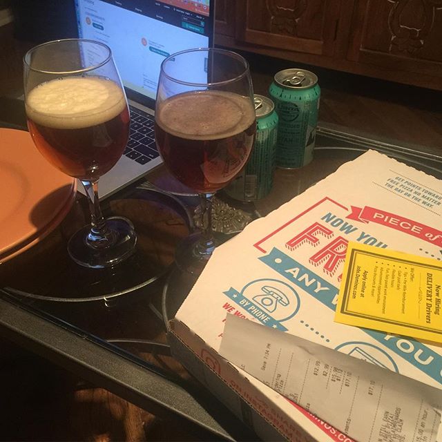 Keeping it classy on the road with pizza &amp; beer in wine glasses #tootiredtocook #ordodishes 😴 💤