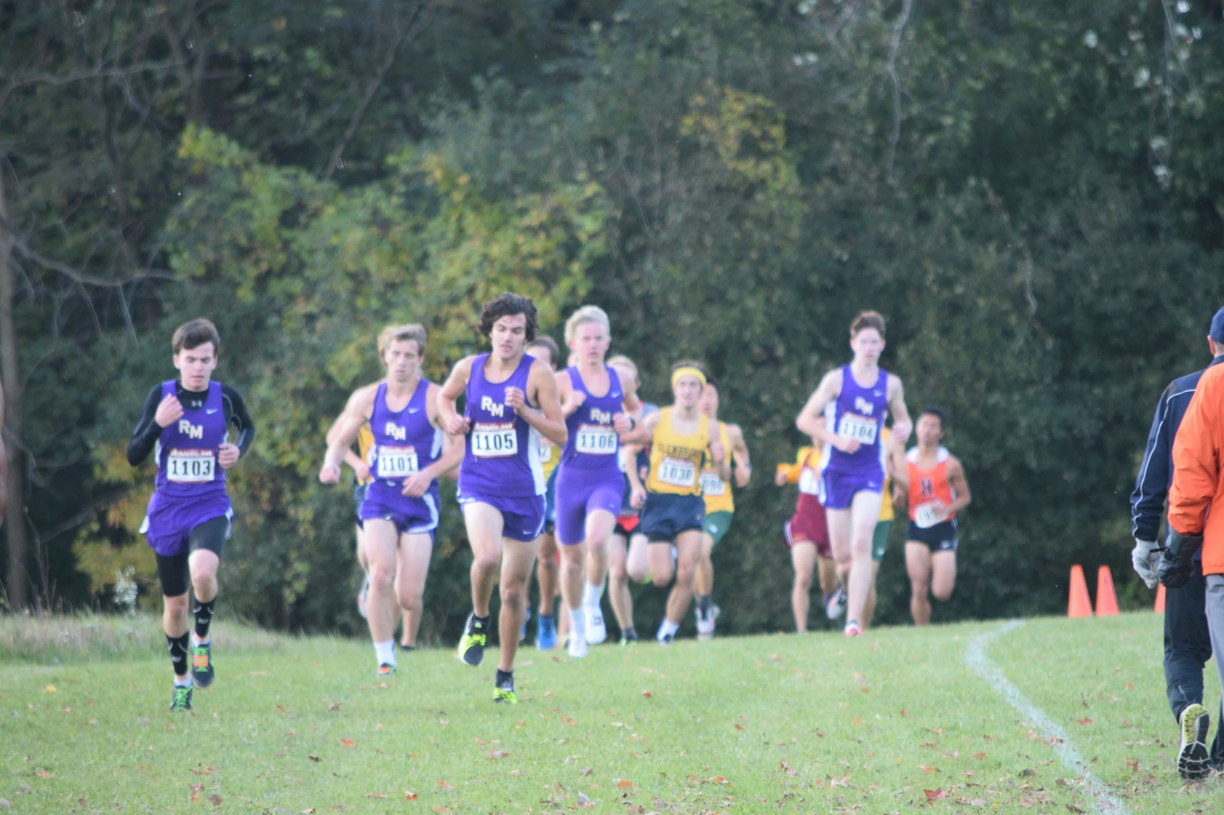 Members of the Rolling Meadows boys cross country team run during a meet leading to the state competition.
