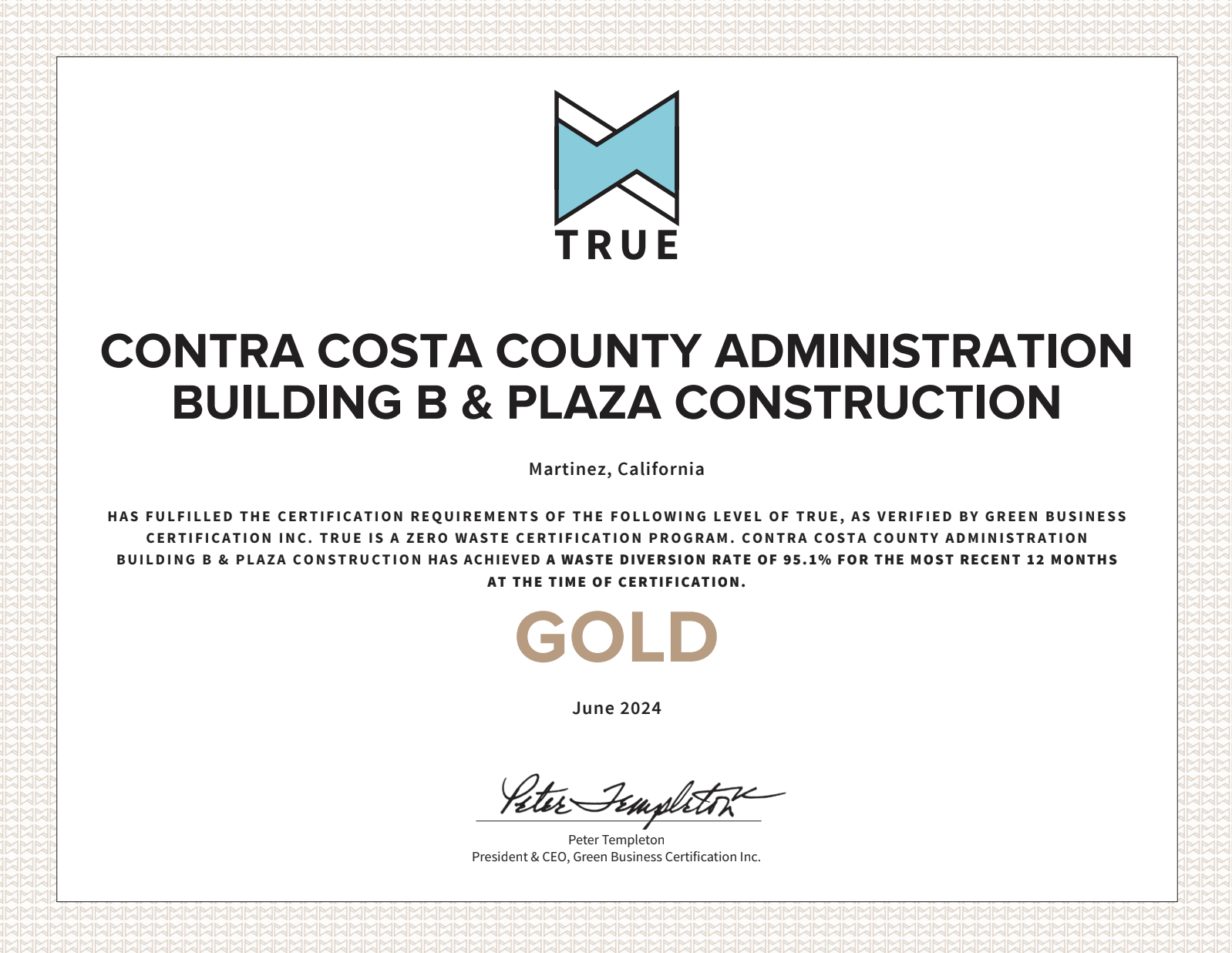 Contra Costa County achieves 95% diversion on the first public project globally to earn TRUE for Construction Certification.