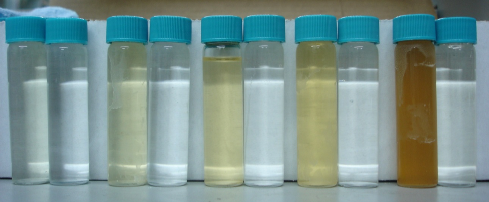 Concentrate (left) and Permeate (right) at recovery intervals 20%, 40%, 60%, 80%, 95%, respectively.