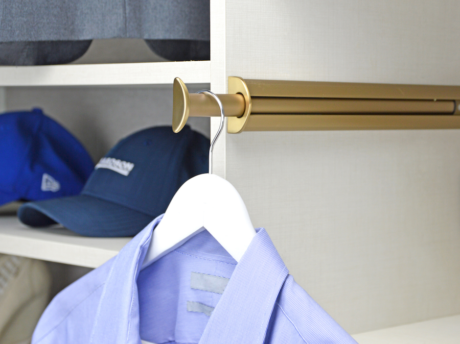 The closet valet rod from Closets of Tulsa comes in a variety of styles and finishes, including our new matte gold hardware. Call Closets of Tulsa today for a FREE consultation and 3-D closet design: 918.609.0214