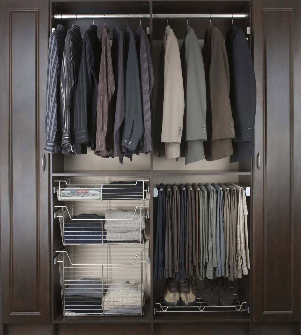 This minimalist slide out pants rack by Closets of Tulsa is shown in Brushed Stainless. Call now for a  FREE virtual consultation and 3-D closet design :  918.609.0214