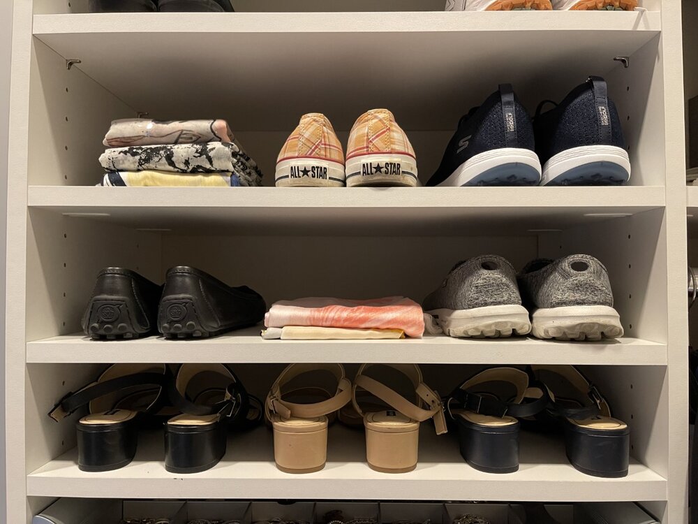 The narrow shelves reserved for your summer sandals are the perfect place to lay fall boots. Eliminate chaos and live better with a FREE Consultation & 3-D Closet Design from Closets of Tulsa—Call now to book: 918.609.0214