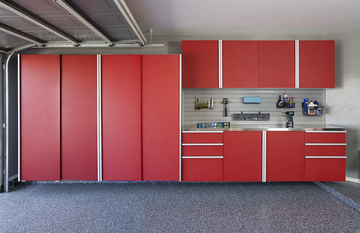 Red Sliding Cabinets CLOSED w Stainless Workbench-Grey Slatwall-Aug 2013.jpg