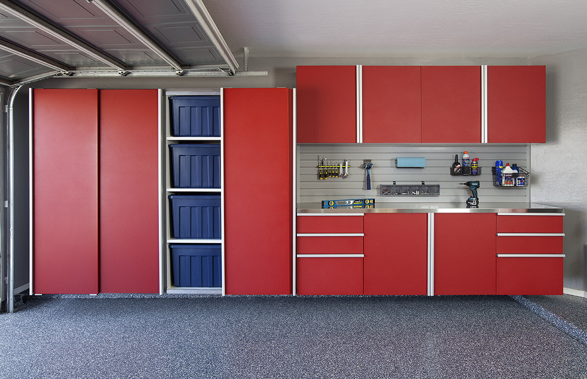 Red Sliding Cabinets OPEN w Stainless Workbench-Grey Slatwall-Aug 2013.jpg