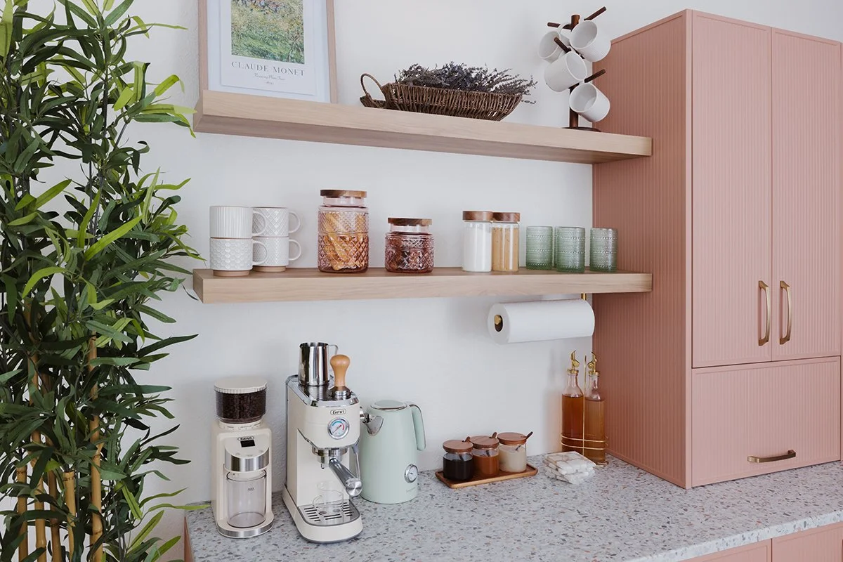 Closets of Tulsa Pink Pantry with Terrazzo Coffee Bar 