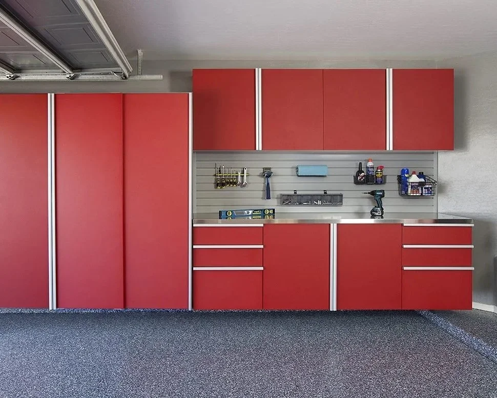 Red-Sliding-Cabinets-Stainless-Workbench-Grey-Slatwall-Aug-2013.jpg