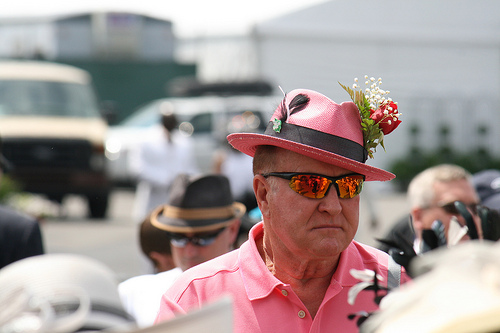 man with pink hat