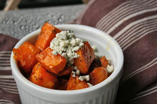 roasted sweet potatoes with blue cheese