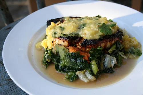 PFB: Ancho-seared Swordfish with Ginger-Sweet Potato Mash, seared Escarole and Mango Mojo De Ajo