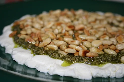 Assembly only: appetizer with pesto, pine nuts, goat cheese