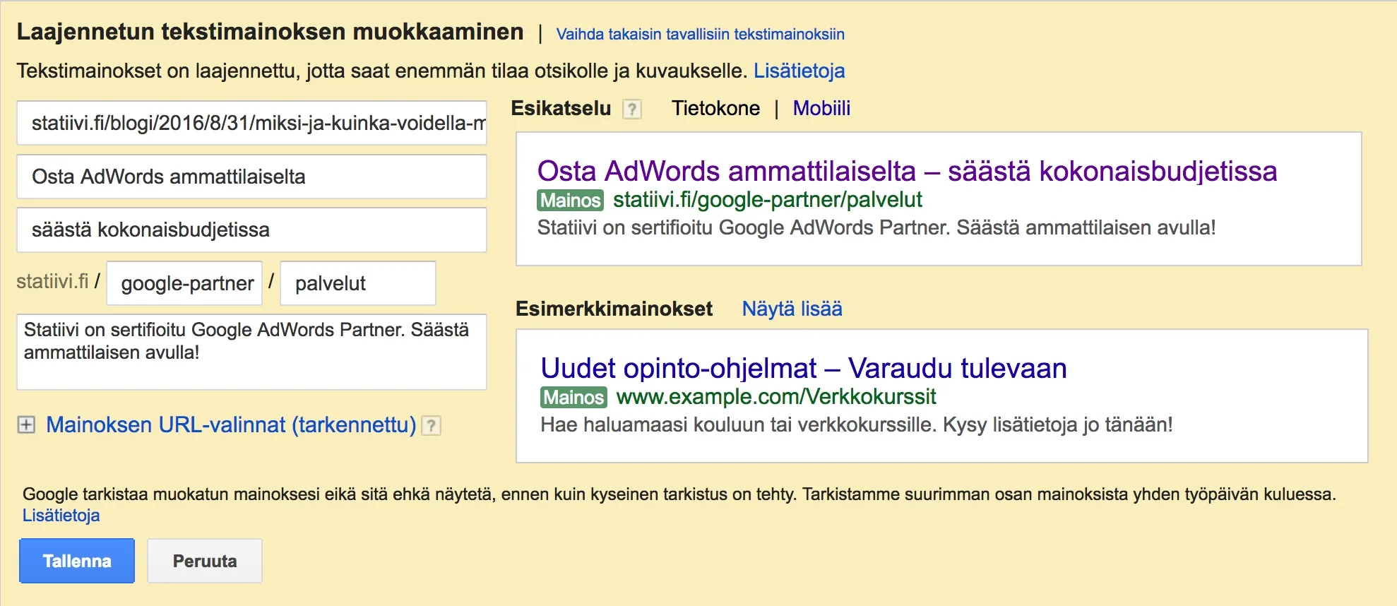 Google AdWords- laajennetun tekstimainoksen luontinäkymä