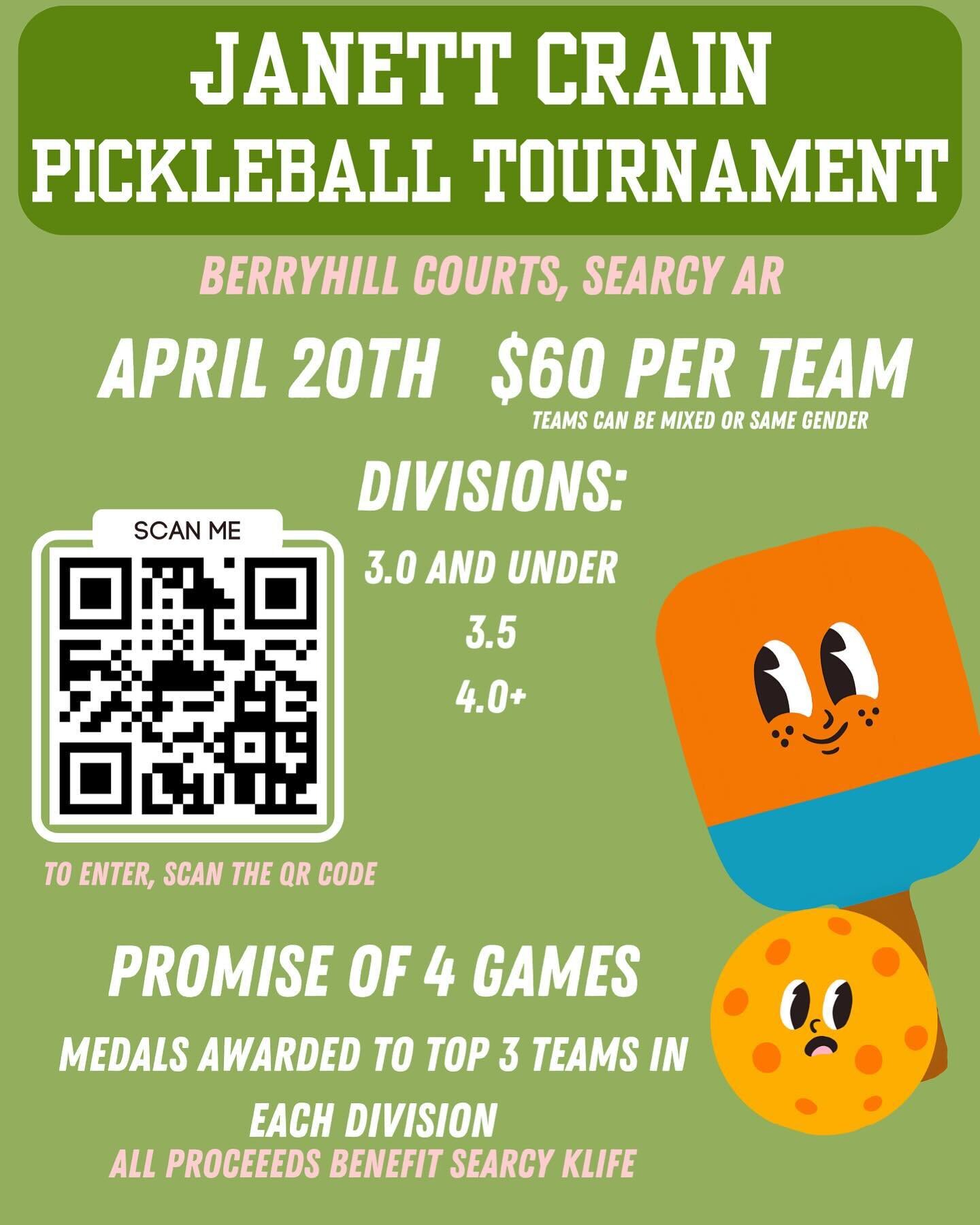 Join us for our 1st annual Janett Crain Pickleball Tournament 
🗓️Saturday April 20th!
🗣️$60 per team (teams can be same gender or mixed)
4️⃣Each team is promised 4 games- round robin into bracket play
🏅Medals will be awarded for each division:
-3.