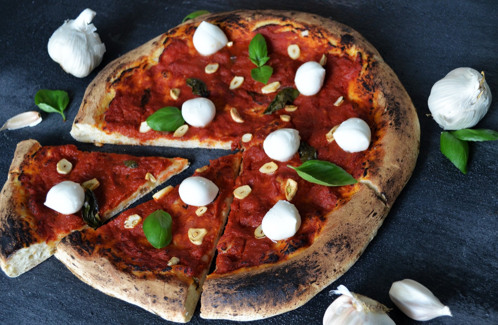 Garlic Chip Pizza with Fresh Mozzarella and Basil