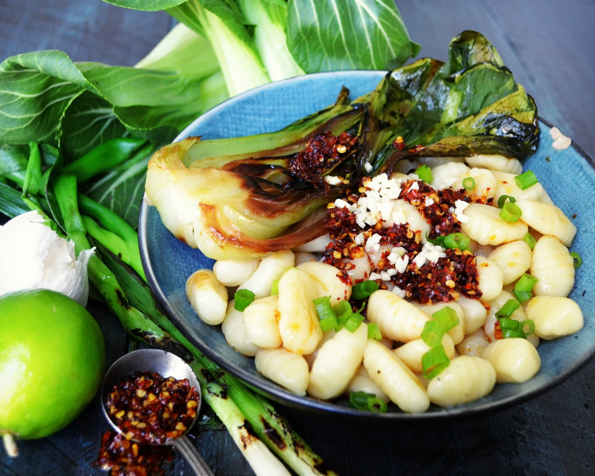 Asian Gnocchi with Caramelized Bok Choy and Lemongrass Chili Oil