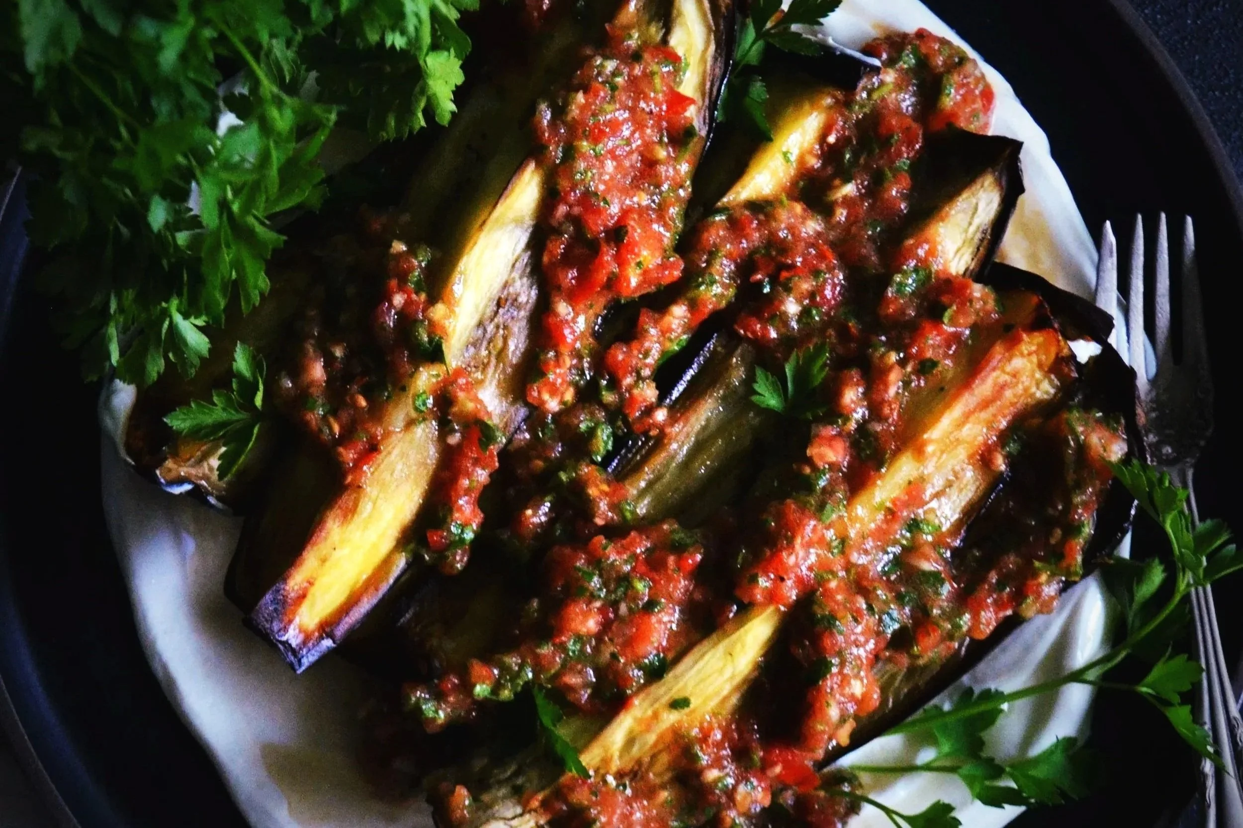 Borani Banjan (Afghan Eggplant with Tomato Relish and Yogurt)