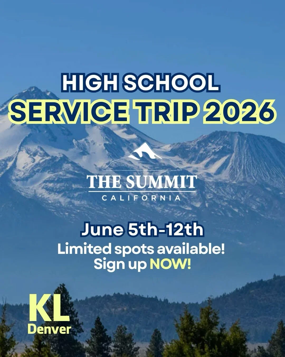 The moment we&rsquo;ve all been waiting for!!!! 🙌🏻☀️🎉
HIGH SCHOOL SERVICE TRIP 2026!!!!
We will be going to CALIFORNIA to serve at &ldquo;The Summit&rdquo; camp. We can&rsquo;t wait to see what all the Lord has in store!! 

We have limited spots a