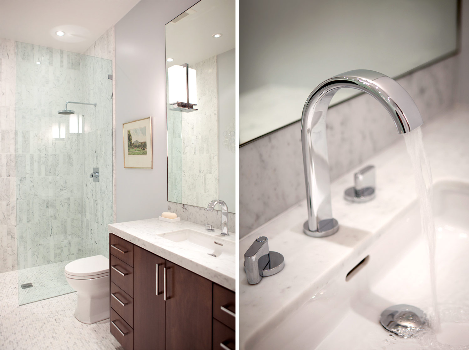 bathroom, shower, vanity, polished chrome faucet, bathroom sink, marble tiling, marble shower, rain shower