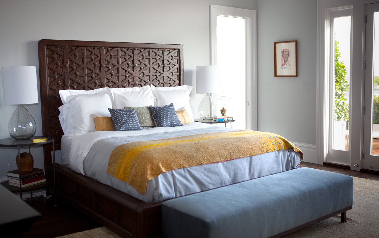 bedroom, bed, headboard, bedside tables, throw pillows, bedside lamps