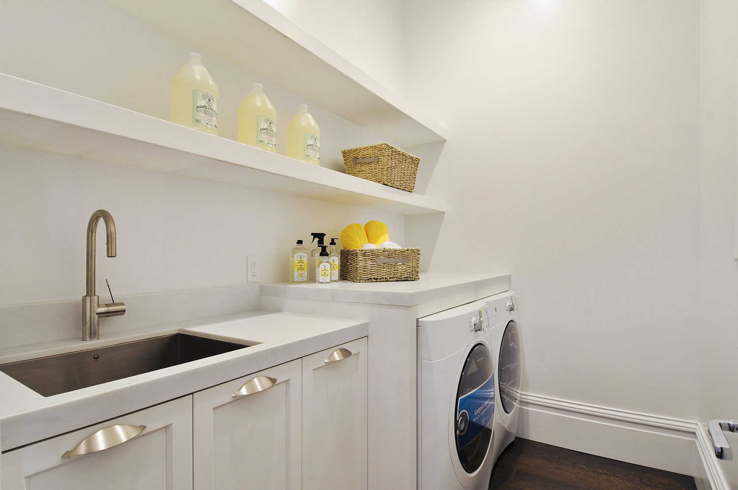 laundry room, mudroom, washroom, floating shelves, brushed chrome faucet