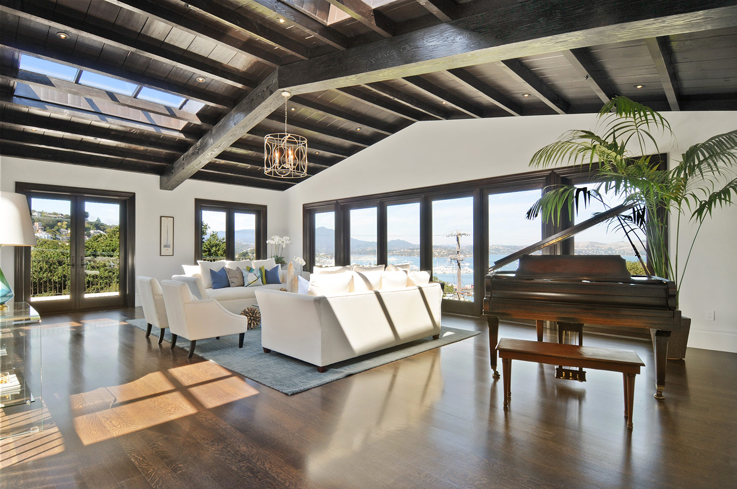 hardwood floors, piano, living room, natural light, large windows, open, indoor plants, couch, seating