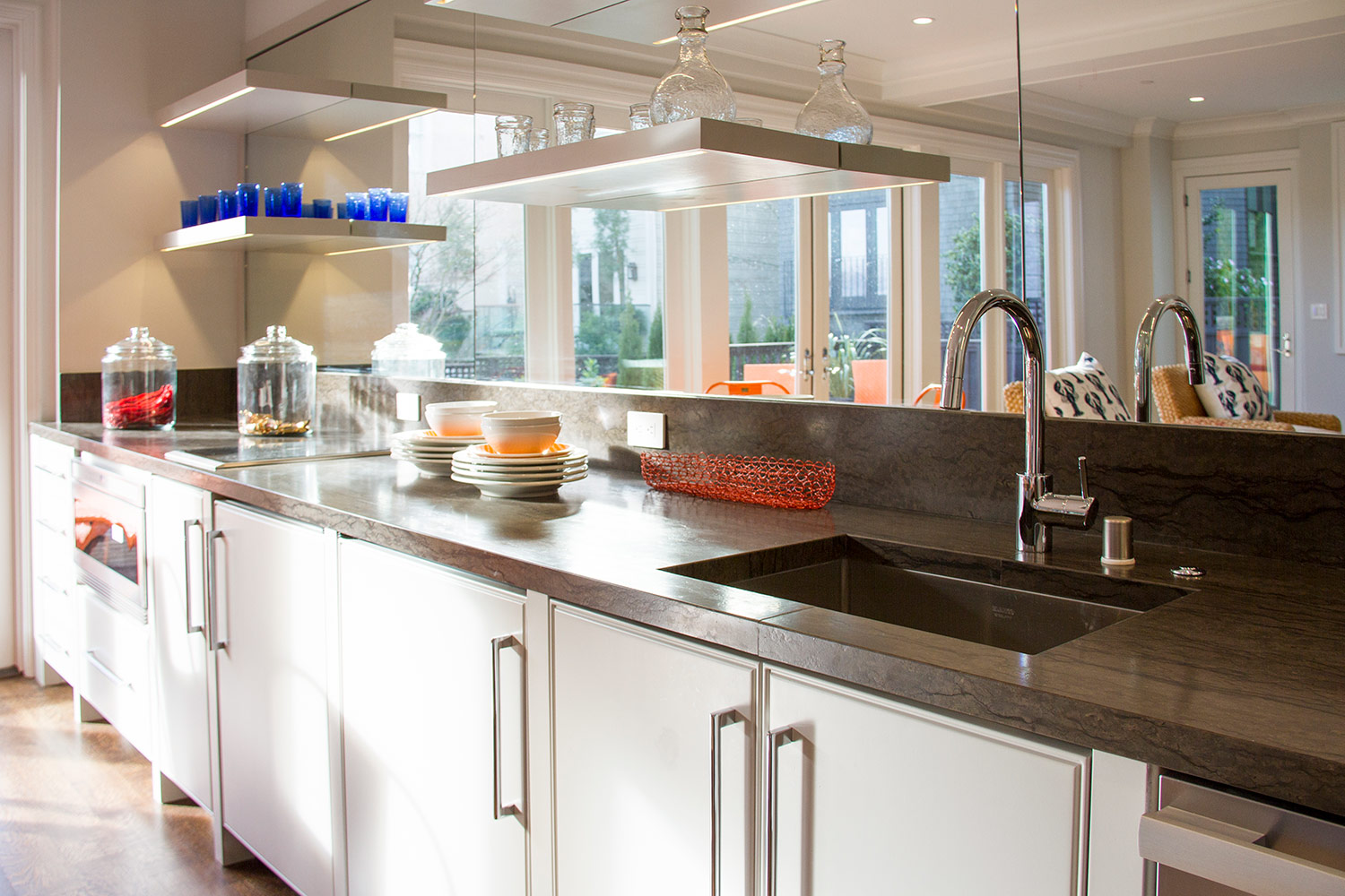 kitchen, countertop, glass, mirror, open cabinets, white, sink, faucet, open shelving 